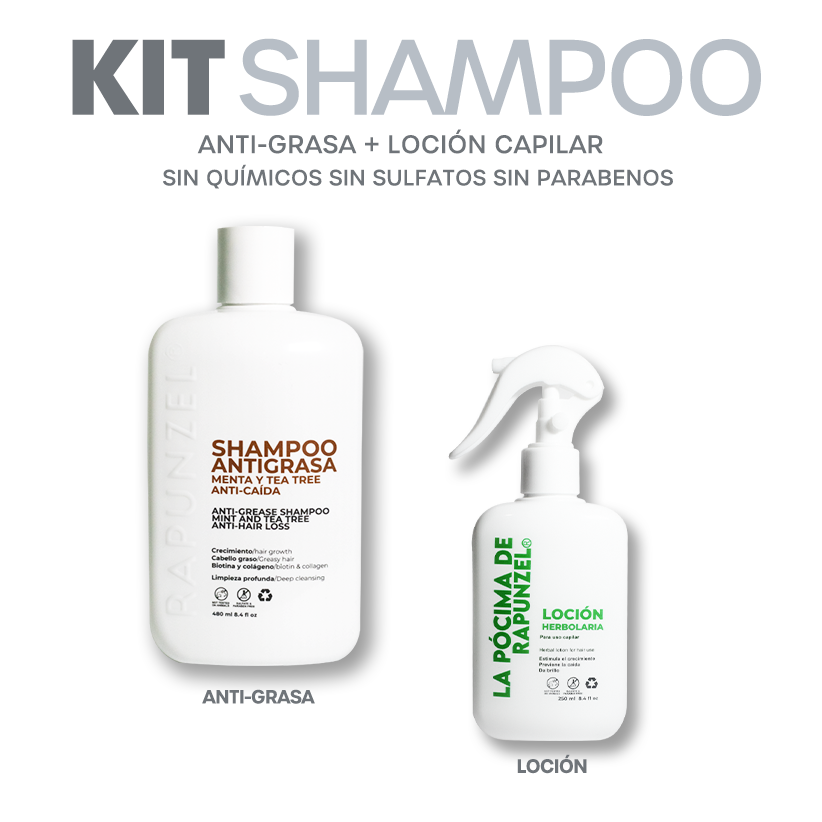 KIT SHAMPOO RAPUNZEL ANTIGRASA p/la caída del cabello y loción herbolaria p/crecimiento