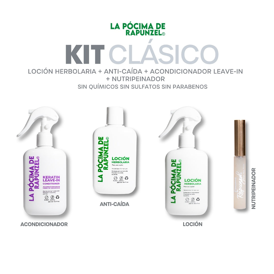 KIT CLÁSICO RAPUNZEL loción herbolaria anti-caída para mezclar con shampoo + Acondicionador Leave-In + NUTRIPEINADOR Suero p/crecimiento de pestañas