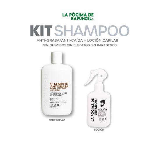 KIT SHAMPOO LEÑADOR ANTI-GRASA CABALLERO p/ la caída del cabello y loción herbolaria p/crecimiento