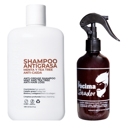 KIT SHAMPOO LEÑADOR ANTI-GRASA CABALLERO p/ la caída del cabello y loción herbolaria p/crecimiento