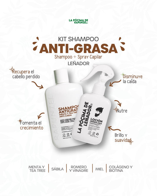 KIT SHAMPOO LEÑADOR ANTI-GRASA CABALLERO p/ la caída del cabello y loción herbolaria p/crecimiento