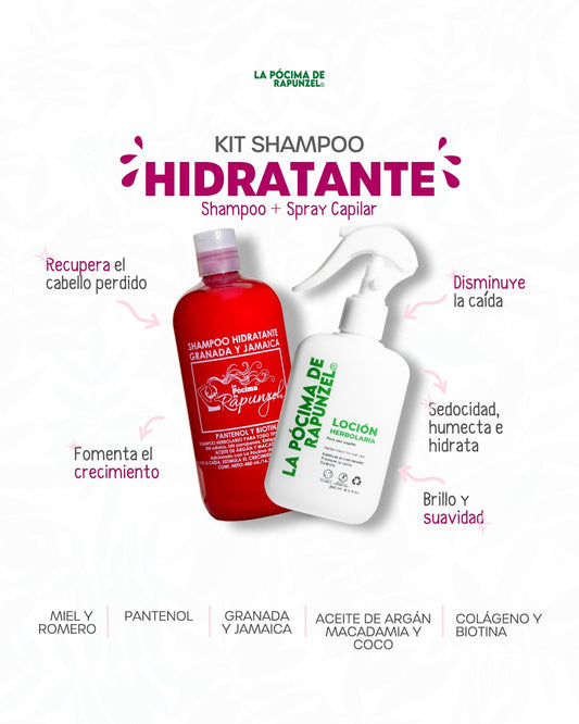 KIT SHAMPOO HIDRATANTE anti-caída p/cabello seco y loción herbolaria p/crecimiento